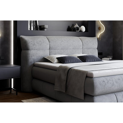 Pat boxspring CARMELO 160x200, personalizabil, cu saltea, topper si lada depozitare
