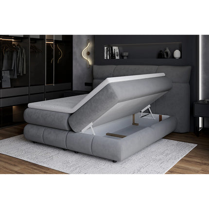 Pat boxspring CARMELO 160x200, personalizabil, cu saltea, topper si lada depozitare