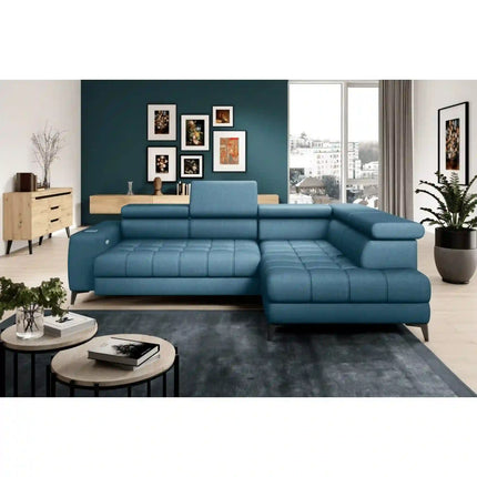 Coltar BAGGIO, sezlong dreapta, stofa catifelata verde menta - Salvador 12, cu reglaj electric, incarcator wireless, lada depozitare si tetiere reglabile, 280x196x100 cm