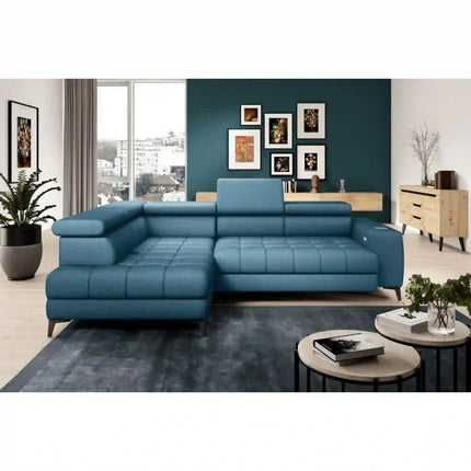 Coltar BAGGIO, sezlong stanga, stofa catifelata cappuccino - Poso 03, cu reglaj electric, incarcator wireless, lada depozitare si tetiere reglabile, 280x196x100 cm