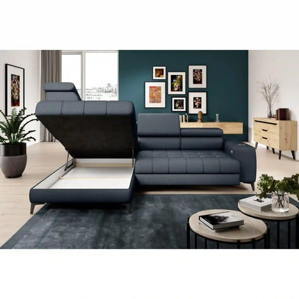 Coltar BAGGIO, sezlong stanga, stofa catifelata cappuccino - Poso 03, cu reglaj electric, incarcator wireless, lada depozitare si tetiere reglabile, 280x196x100 cm