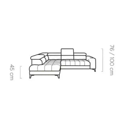 Coltar BAGGIO, sezlong stanga, stofa catifelata verde - Riviera 38, cu reglaj electric, incarcator wireless, lada depozitare si tetiere reglabile, 280x196x100 cm