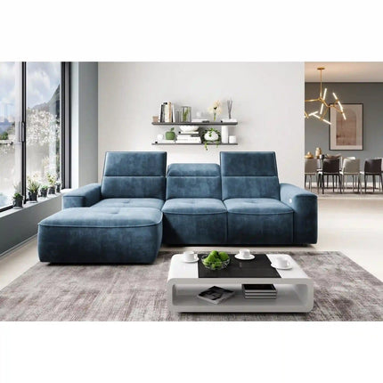 Coltar COLOMBO MINI, sezlong stanga, stofa catifelata maro deschis - Palladium 4, cu reglaj electric, tetiere reglabile si lada depozitare, 275x182x103 cm