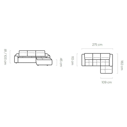 Coltar COLOMBO MINI, sezlong stanga, stofa catifelata maro deschis - Palladium 4, cu reglaj electric, tetiere reglabile si lada depozitare, 275x182x103 cm