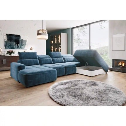 Coltar COLOMBO XL, sezlong dreapta, stofa catifelata gri - Salvador 14, cu reglaj electric si lada depozitare, 376x227x103 cm
