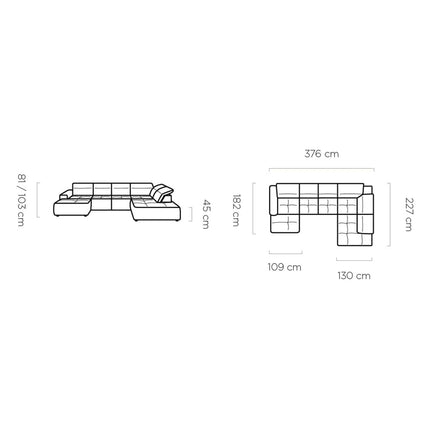 Coltar COLOMBO XL, sezlong dreapta, stofa catifelata gri - Salvador 14, cu reglaj electric si lada depozitare, 376x227x103 cm