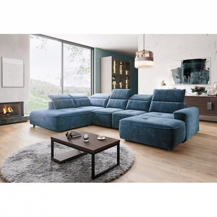 Coltar COLOMBO XL, sezlong stanga, stofa catifelata bej - Letto 11, Gama Premium, cu lada depozitare si reglaj electric, 376x227x103 cm