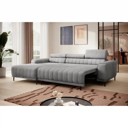 Coltar extensibil CALDO MINI, sezlong dreapta, stofa catifelata gri deschis - Cloud 81, cu lada depozitare si tetiere reglabile, 272x178x99 cm