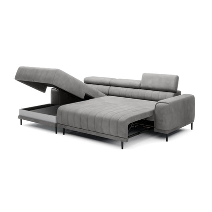 Coltar extensibil CALDO MINI, sezlong dreapta, stofa catifelata gri deschis - Cloud 81, cu lada depozitare si tetiere reglabile, 272x178x99 cm