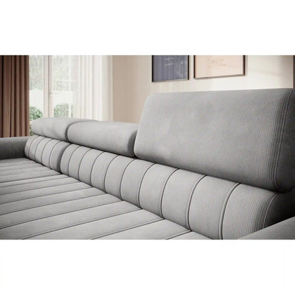 Coltar extensibil CALDO MINI, sezlong dreapta, stofa catifelata verde menta - Salvador 12, cu lada depozitare si tetiere reglabile, 272x178x99 cm
