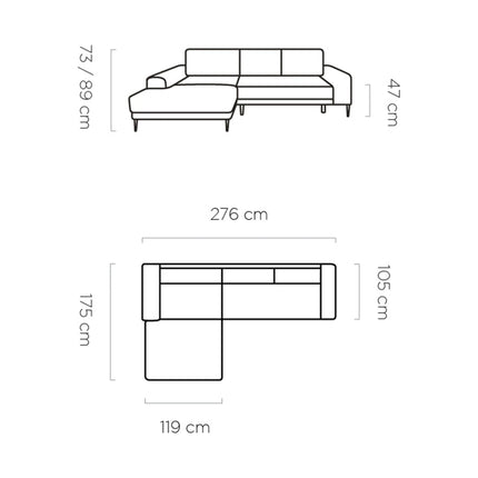 Coltar extensibil CAPITOL, sezlong stanga, stofa catifelata gri - Whisper 17, cu lada depozitare, 276x175x89 cm