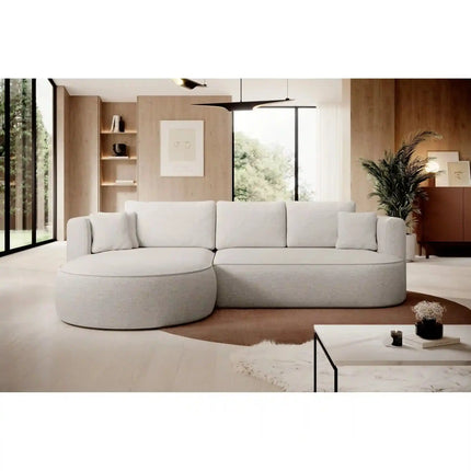 Coltar extensibil FIORE, sezlong stanga, stofa catifelata crem - Whisper 1, lada depozitare, 284x183x71/82 cm