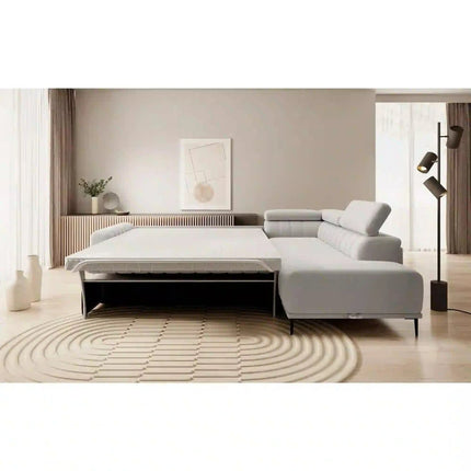 Coltar extensibil GANDI 160, sezlong dreapta, stofa catifelata bej - Vogue 02, Gama Premium, cu lada depozitare, 301x204x99 cm
