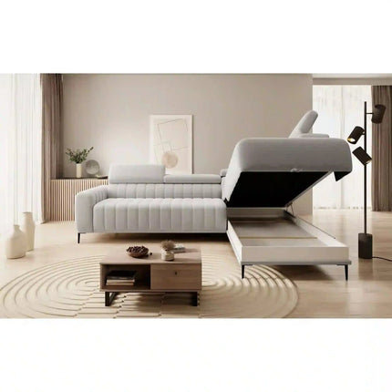 Coltar extensibil GANDI 160, sezlong dreapta, stofa catifelata bej - Vogue 02, Gama Premium, cu lada depozitare, 301x204x99 cm