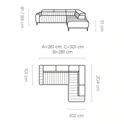 Coltar extensibil GANDI 160, sezlong dreapta, stofa catifelata gri grafit - Element 22, Gama Premium, cu lada depozitare, 301x204x99 cm