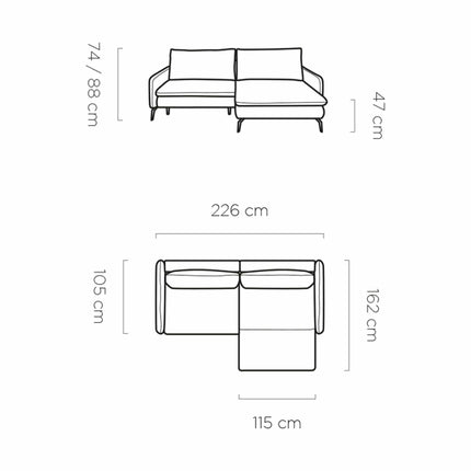 Coltar extensibil GLOSSY, sezlong stanga, stofa catifelata crem - Whisper 01, cu lada depozitare, 226x162x88 cm