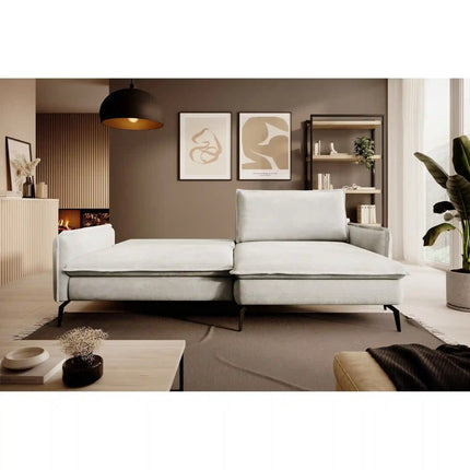 Coltar extensibil GLOSSY, sezlong stanga, stofa catifelata crem - Whisper 01, cu lada depozitare, 226x162x88 cm