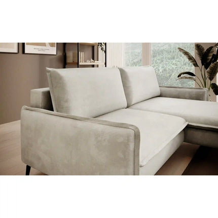 Coltar extensibil GLOSSY, sezlong stanga, stofa catifelata crem - Whisper 01, cu lada depozitare, 226x162x88 cm