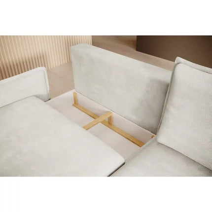 Coltar extensibil GLOSSY, sezlong stanga, stofa catifelata crem - Whisper 01, cu lada depozitare, 226x162x88 cm