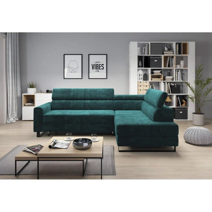 Coltar extensibil LIVIO, sezlong dreapta, stofa catifelata bej - Whisper 03, Gama Premium, cu lada depozitare si tetiere reglabile, 249x184x90 cm