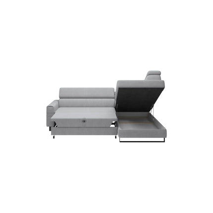 Coltar extensibil LIVIO, sezlong dreapta, stofa catifelata bej - Whisper 03, Gama Premium, cu lada depozitare si tetiere reglabile, 249x184x90 cm