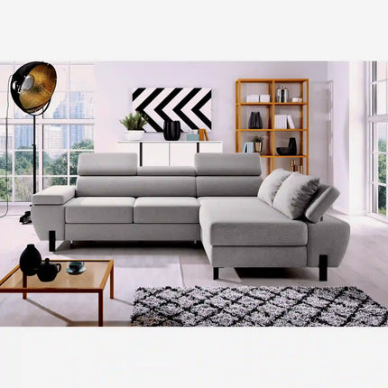 Coltar extensibil MOLINA MINI, sezlong dreapta, stofa catifelata maro - Palladium 04, cu lada depozitare, 277x189x90 cm