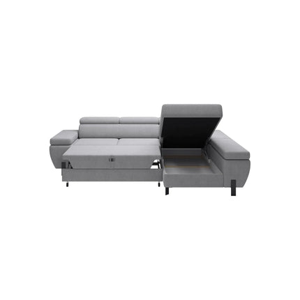 Coltar extensibil MOLINA MINI, sezlong dreapta, stofa catifelata albastru - Whisper 12, cu lada depozitare, 277x189x90 cm