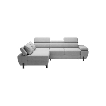 Coltar extensibil MOLINA MINI, sezlong stanga, stofa catifelata verde menta - Salvador 12, Gama Premium, cu lada depozitare si tetiere reglabile, 277x189x90 cm