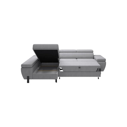 Coltar extensibil MOLINA MINI, sezlong stanga, stofa catifelata verde menta - Salvador 12, Gama Premium, cu lada depozitare si tetiere reglabile, 277x189x90 cm
