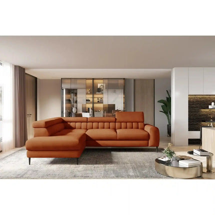 Coltar extensibil NAVAS L, sezlong stanga, stofa catifelata bej - Riviera 16, cu lada depozitare si tetiere reglabile, 246x175x86 cm
