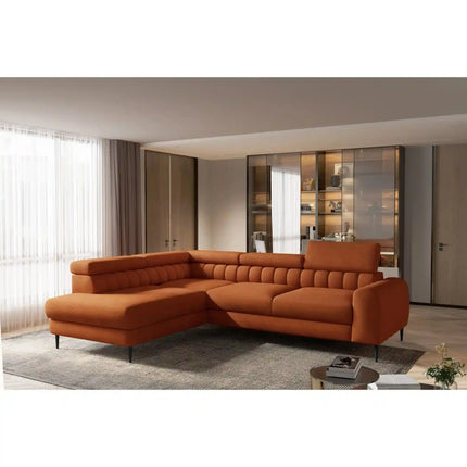 Coltar extensibil NAVAS L, sezlong stanga, stofa catifelata bej - Riviera 16, cu lada depozitare si tetiere reglabile, 246x175x86 cm