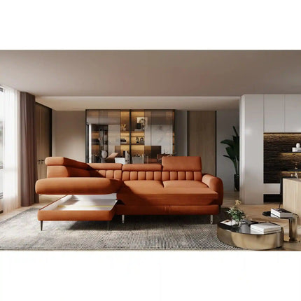 Coltar extensibil NAVAS L, sezlong stanga, stofa catifelata bej - Riviera 16, cu lada depozitare si tetiere reglabile, 246x175x86 cm