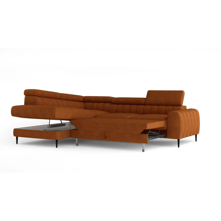 Coltar extensibil NAVAS L, sezlong stanga, stofa catifelata bej - Riviera 16, cu lada depozitare si tetiere reglabile, 246x175x86 cm