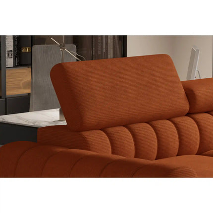 Coltar extensibil NAVAS L, sezlong stanga, stofa catifelata bej - Riviera 16, cu lada depozitare si tetiere reglabile, 246x175x86 cm