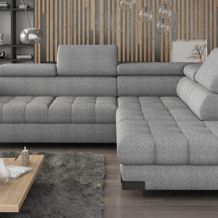 Coltar extensibil SELVA L, sezlong dreapta, stofa catifelata gri antracit - Salvador 15, cu lada depozitare si tetiere reglabile, 263x223x95 cm