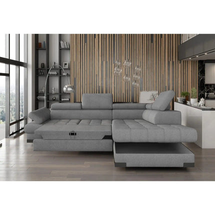 Coltar extensibil SELVA L, sezlong dreapta, stofa catifelata gri - Whisper 16, cu lada depozitare si tetiere reglabile, 263x223x95 cm