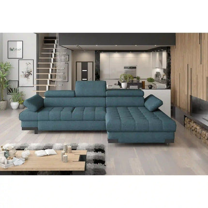 Coltar extensibil SELVA MINI, sezlong dreapta, stofa catifelata albastru - Salvador 11, cu lada depozitare si tetiere reglabile, 270x173x95 cm