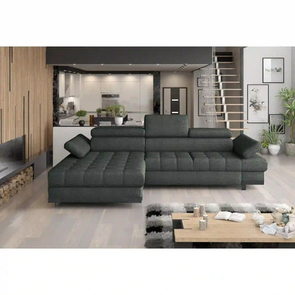 Coltar extensibil SELVA MINI, sezlong stanga, stofa catifelata violet - Whisper 14, cu lada depozitare si tetiere reglabile, 270x173x95 cm