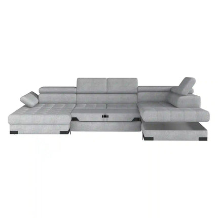 Coltar extensibil SELVA XL, sezlong dreapta, stofa catifelata roz pudra - Letto 60, Gama Premium, cu lada depozitare si tetiere reglabile, 339x223x95 cm