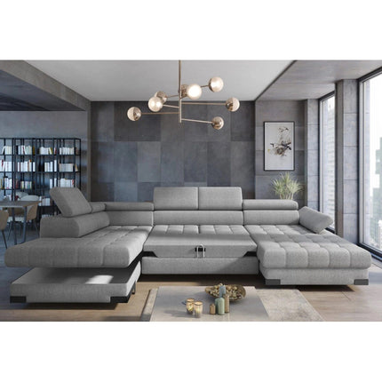 Coltar extensibil SELVA XL, sezlong stanga, stofa catifelata turcoaz inchis - Riviera 87, Gama Premium, cu lada depozitare si tetiere reglabile, 339x223x95 cm