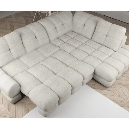 Coltar extensibil TOLLO L, sezlong stanga, stofa buclata alb - Bubble 01, Gama Premium, cu lada depozitare si reglaj electric, 302x217x105 cm