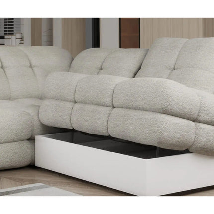 Coltar extensibil TOLLO L, sezlong stanga, stofa buclata alb - Bubble 01, Gama Premium, cu lada depozitare si reglaj electric, 302x217x105 cm