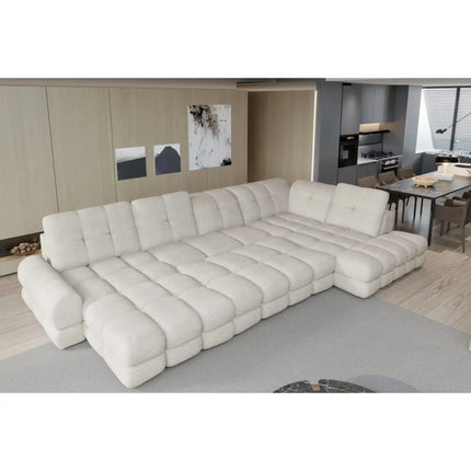 Coltar extensibil TOLLO XL, sezlong dreapta, stofa catifelata bej - Whisper 3, cu lada depozitare si reglaj electric, 400x217x105 cm