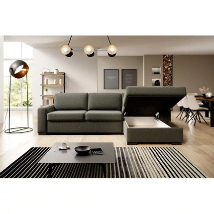 Coltar extensibil VANILLA CORNER 160, sezlong stanga, stofa catifelata gri - Salvador 14, cu lada depozitare, 303x173x87 cm