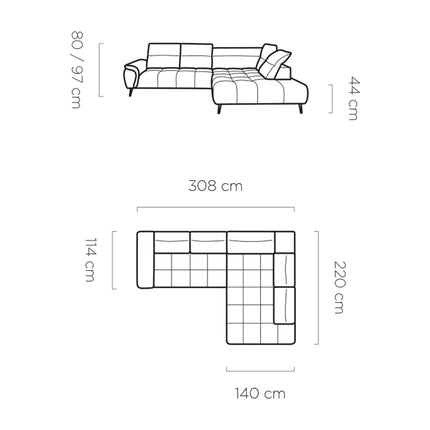 Coltar MONTANA L, sezlong stanga, stofa catifelata crem - Element 17, cu reglaj electric si tetiere reglabile, 308x220x97 cm