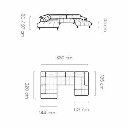 Coltar MONTANA XL, personalizabil materiale gama Oferta Avantaj, cu reglaj electric si tetiere reglabile, 389x220x97 cm