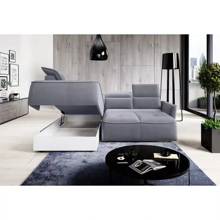 Coltar MURILLO L, sezlong stanga, stofa catifelata gri antracit - Whisper 18, reglaj electric, tetiere reglabile, lada depozitare, 261x218x87/100 cm