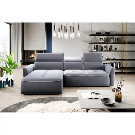 Coltar MURILLO MINI, sezlong stanga, stofa gri - Rosario 453, cu reglaj electric, tetiere reglabile si lada depozitare 260x175x87/100 cm