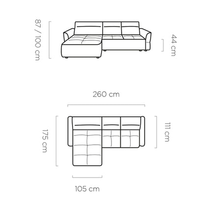 Coltar MURILLO MINI, sezlong stanga, stofa gri - Rosario 453, cu reglaj electric, tetiere reglabile si lada depozitare 260x175x87/100 cm