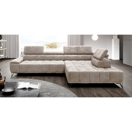 Coltar PALLADIO L, sezlong dreapta, stofa catifelata bej - Whisper 03, Gama Premium, cu reglaj electric si tetiere reglabile, 320x220x99 cm